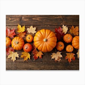 Autumn Themed Table Decoration Scattered Maple Leaves In Warm Shades Intermixed With Small Pumpkin (5) Canvas Print