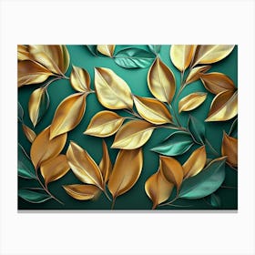 Golden Leaves On Green Background Canvas Print