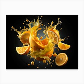 Orange Slices And Juice Splashing On Black Background Canvas Print