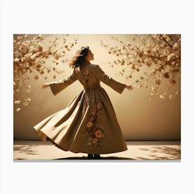 Woman In A Long, Flowing Dress With A Floral Pattern, Dancing In A Studio With Decorative Branches Canvas Print