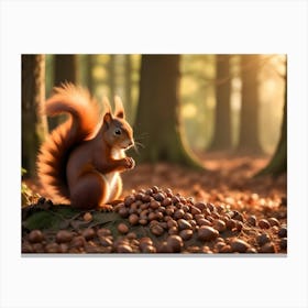 Red Squirrel Sitting On A Log Surrounded By Acorns In A Forest Canvas Print