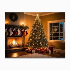 Christmas Tree In Front Of Fireplace 19 Canvas Print