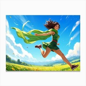 Digital Painting Of A Joyful Young Woman In Mid Jump Clad In Vibrant Green Sportswear Her Slim Fig (1) Toile