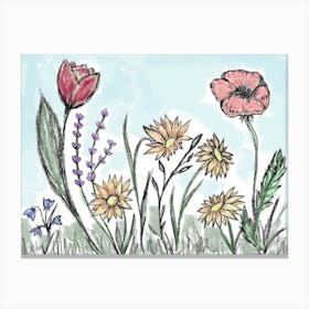 Flower Nature Meadow Multicoloured Beautiful Flowers To Paint Draw Flower Meadow Canvas Print
