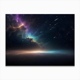 A Breathtaking View Of A Distant Planet S Horizon, With A Colorful Nebula And Shooting Stars Streaking Across The Night Sky Canvas Print