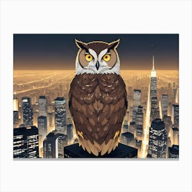 An Owl Perched On Top Of A Skyscraper Overlooking A Cityscape At Night Canvas Print