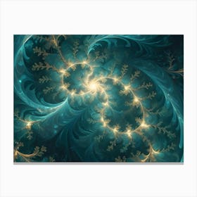 Abstract Image Featuring Intricate Swirling Patterns In Shades Of Teal, Gold, And White, Reminiscent Of Frost Or Delicate Foliage Canvas Print