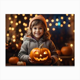 Little Girl Holding A Pumpkin 1 Canvas Print