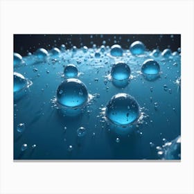 A Macro Shot Of Several Water Droplets Suspended On A Blue Surface, Creating A Sense Of Depth And Ethereal Beauty Canvas Print