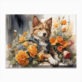 Dog With Flowers Canvas Print