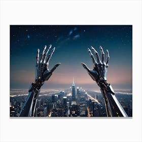 Two Robotic Hands Are Raised Towards A Cityscape At Night Canvas Print