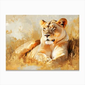 Lioness Resting In A Golden Savannah. Canvas Print