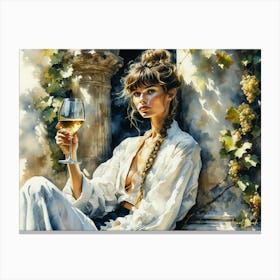 A Boho Woman With Golden Grapes And A Glass Of Wine Canvas Print