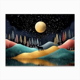 3d Illustration Modern Artwork Night Landscape, Colorful Mountains, Trees, Dark Black Background with Stars Canvas Print