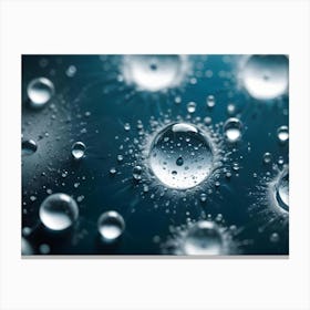 A Macro Photo Of Water Droplets On A Surface, With One Large Droplet In The Center Surrounded By Smaller Droplets Canvas Print