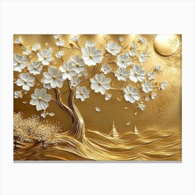 3d Art Golden Tree With White Flowers 5 Canvas Print