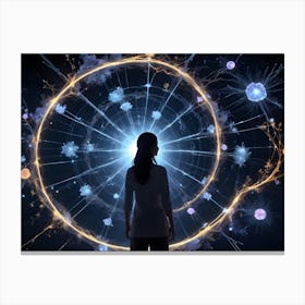 Silhouette Of A Woman Standing Before A Glowing Circular Portal With Abstract Patterns And Particles, Representing Consciousness, The Universe, Or Scientific Discovery Canvas Print