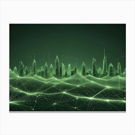 A Stylized, Futuristic Cityscape Rendered In A Green Hue With A Web Like Network Connecting The Buildings Canvas Print