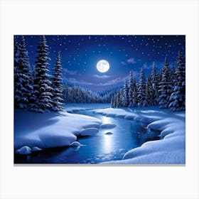 Snowy Forest Under Moonlight Branches Heavy With Frost Shimmering Ribbon Of River Weaving Through Canvas Print