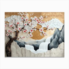 3d Luxury Artwork with A Golden Japanese Landscape and Cherry Blossoms, Sakura, White Waterfall Canvas Print