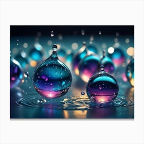 A Close Up Shot Of Colorful Water Drops, Some Of Which Are Suspended In Mid Air And Others Are Creating Ripples On A Dark Blue Surface Canvas Print