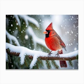 In A Serene Winter Day Observe A Majestic Cardinal Bird Its Vibrant Red Plumage Gleaming Against A Canvas Print