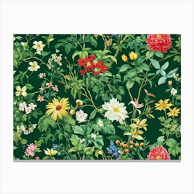 An Intricately Detailed Botanical Wallpaper Depicting A Lush Green Summer Garden Bursting With Flor Canvas Print