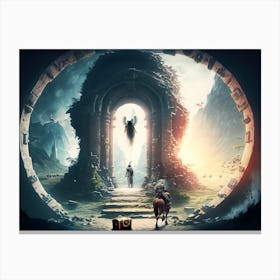 Ancient portal with dragons and wariors Canvas Print