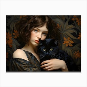 Contemporary Floral Cat And Woman 2 Canvas Print