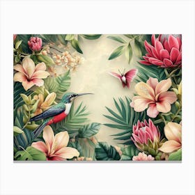 Tropical Background With Birds And Flowers Canvas Print