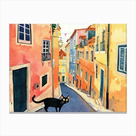 Lisbon, Portugal   Cat In Street Art Watercolour Painting 3 Canvas Print