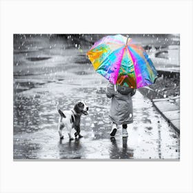 Girl Walking A Dog - Rainy Good Morning Canvas Print
