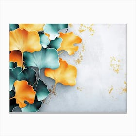 A 3d With Ginkgo Leaves In Turquoise And Golden Tones On A Light Gray 1 Canvas Print