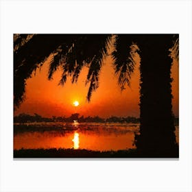 Red Sunset, Beach And Palm Tree, Oil Painting Canvas Print