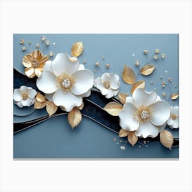 3d Artwork Illustration White Background With Golden Jewelry And Flower 1 Canvas Print