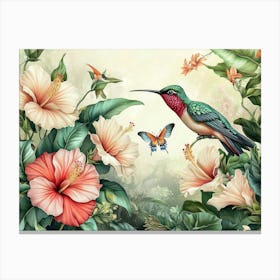 Vintage Tropical Background With Protea, Hibiscus Flowers, Leaves, Hummingbirds, Butterflies 3 Canvas Print