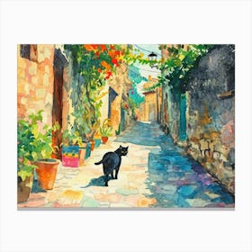 Antalya, Turkey   Black Cat In Street Art Watercolour Painting 3 Canvas Print
