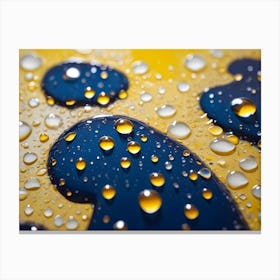 A Close Up Shot Of Water Droplets On A Yellow And Blue Surface Canvas Print