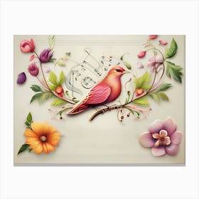 A Red Singing Bird With Some Flower Decoration And Music Notes - Color Painting On Bright Background Canvas Print