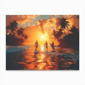 Surfers At Sunset 1 Canvas Print