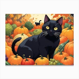 Black Cat Sitting In A Pile Of Pumpkins Autumn Scene Canvas Print