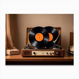 A Vintage Record Player With Two Records On The Turntable, Surrounded By Other Vintage Audio Equipment And A Plant Canvas Print