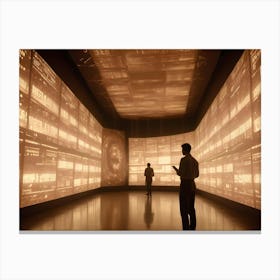 Two Men Stand In A Large, Futuristic Space, Surrounded By Multiple Large Screens Displaying A Glowing Data Stream And Geometric Patterns Canvas Print