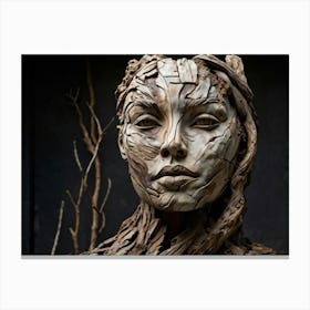 Sculpture Portrait Embodying The Essence Of Weathered Human Features Intertwined With Nature Face C (1) Canvas Print