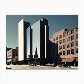 A Modern Urban Scene With A Towering Glass Building On A Street Lined With Brick Buildings Canvas Print