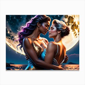 Two Women Hugging In Front Of The Moon Canvas Print