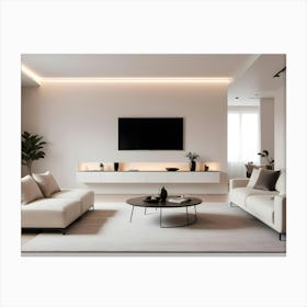 A Modern Living Room With A White Sofa And A Dark Brown Coffee Table Canvas Print