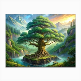 Majestic Ancient Tree On A River Island In A Mountain Landscape Canvas Print