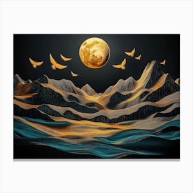 3d Dark Feathering Background with moon and golden birds. Mountains like golden waves Canvas Print