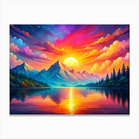 Vibrant Sunset Over A Mountain Lake With Reflection Canvas Print